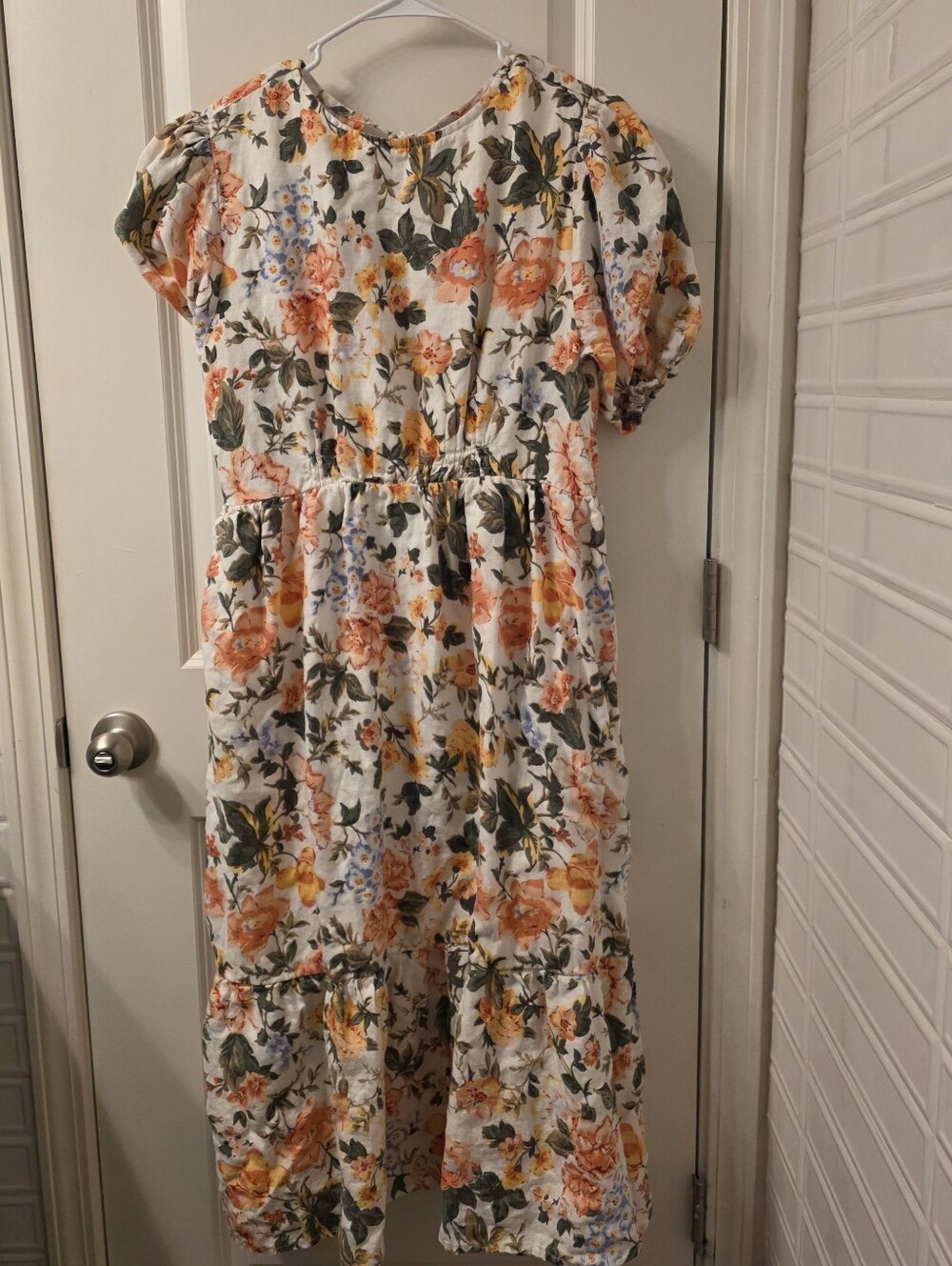 Faithfull the Brand White Floral Tiered Dress with Orange & Green Size 8